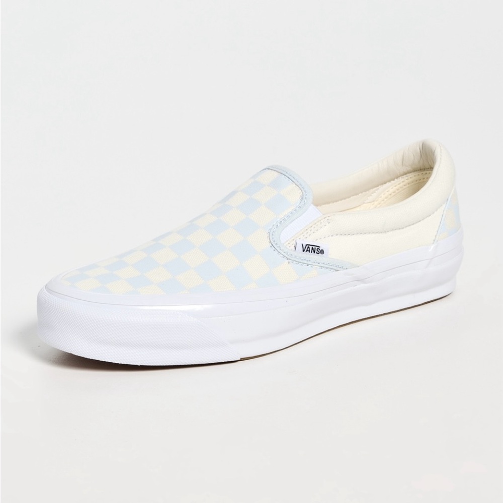 Vans Light Blue and Cream Checkered Slip-Ons